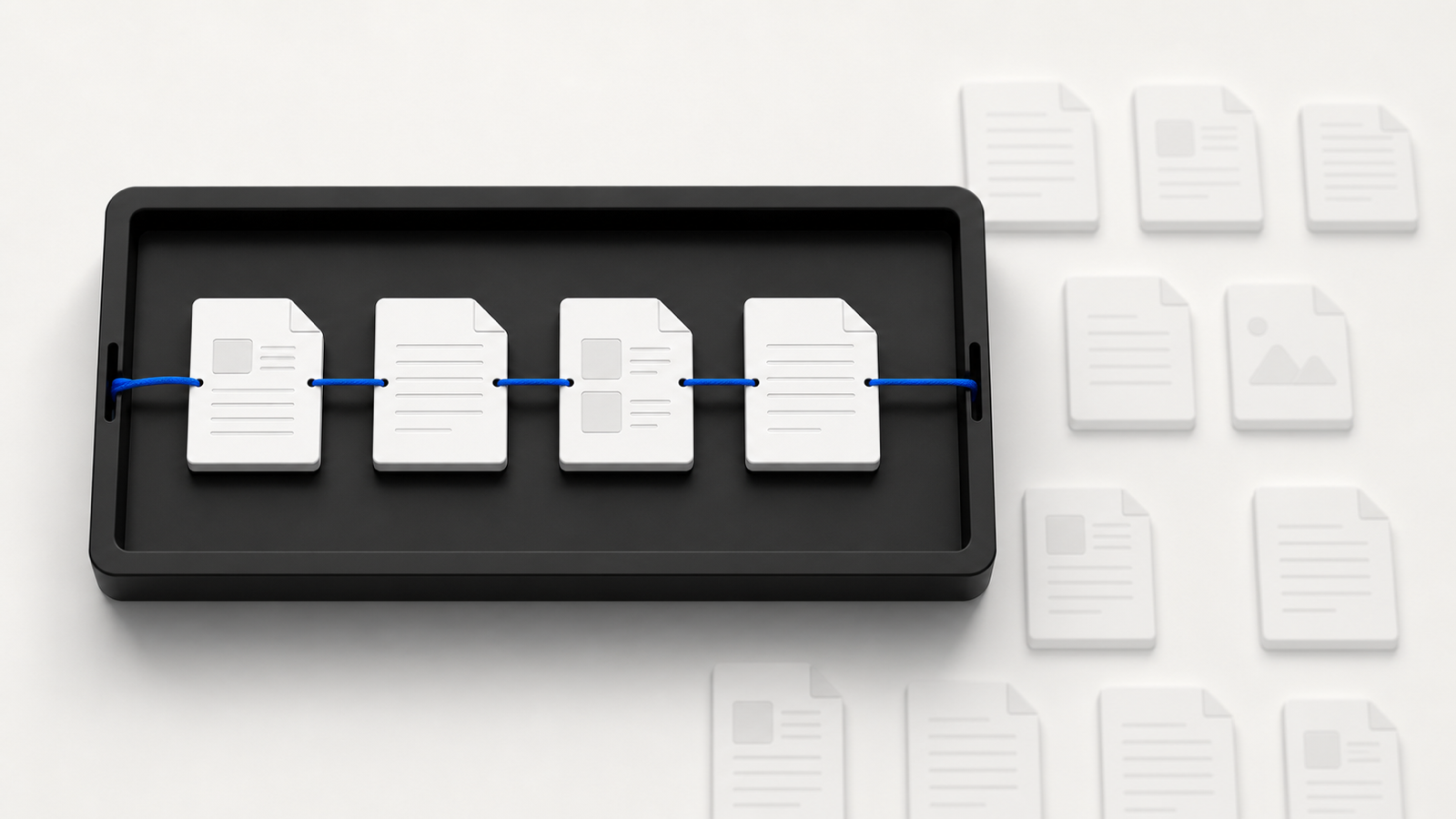 A bounded active window holds four connected documents while other documents remain outside the current context.