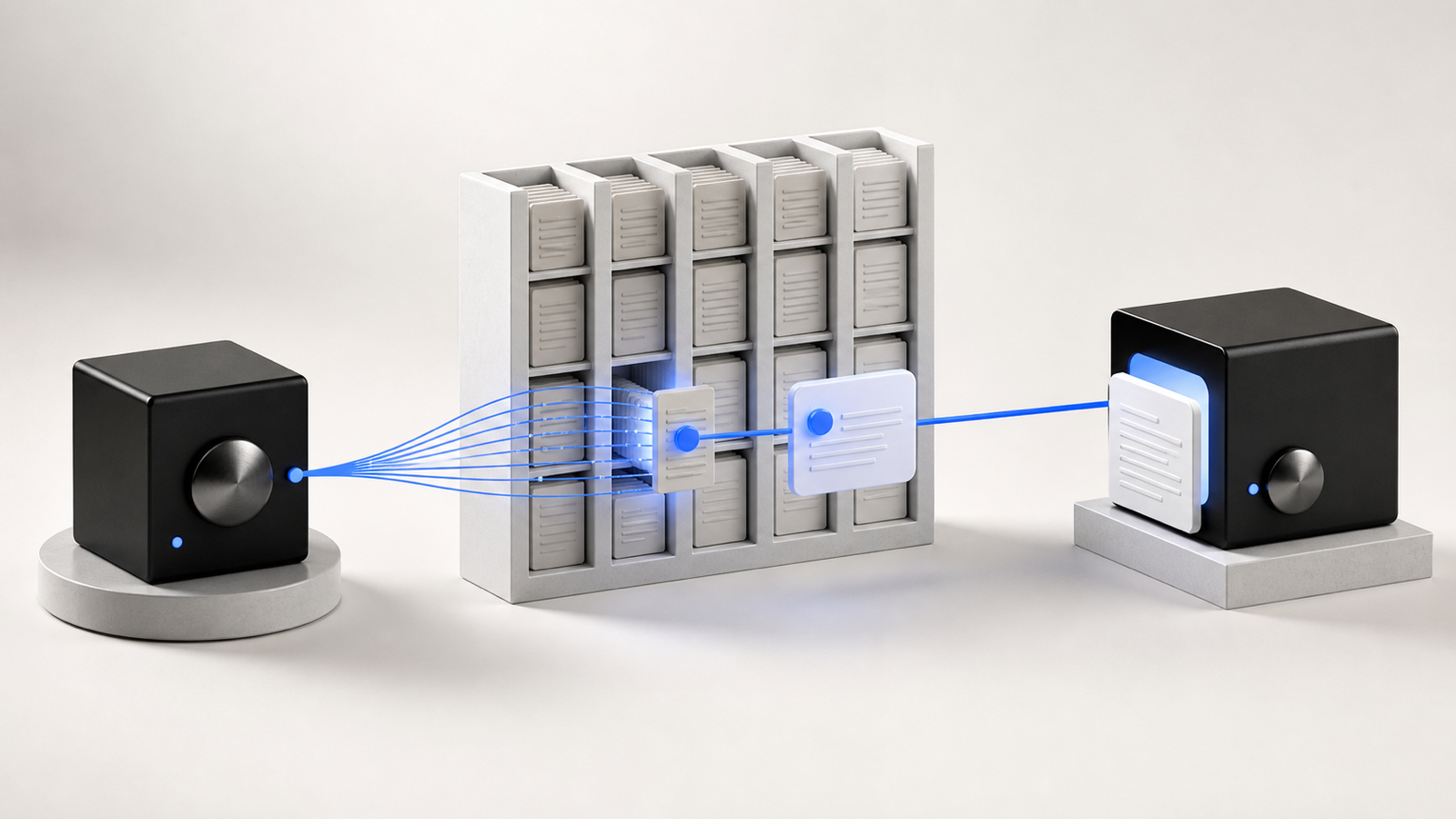 A question searches a business document archive, selects a relevant passage, and passes that evidence into an answer.