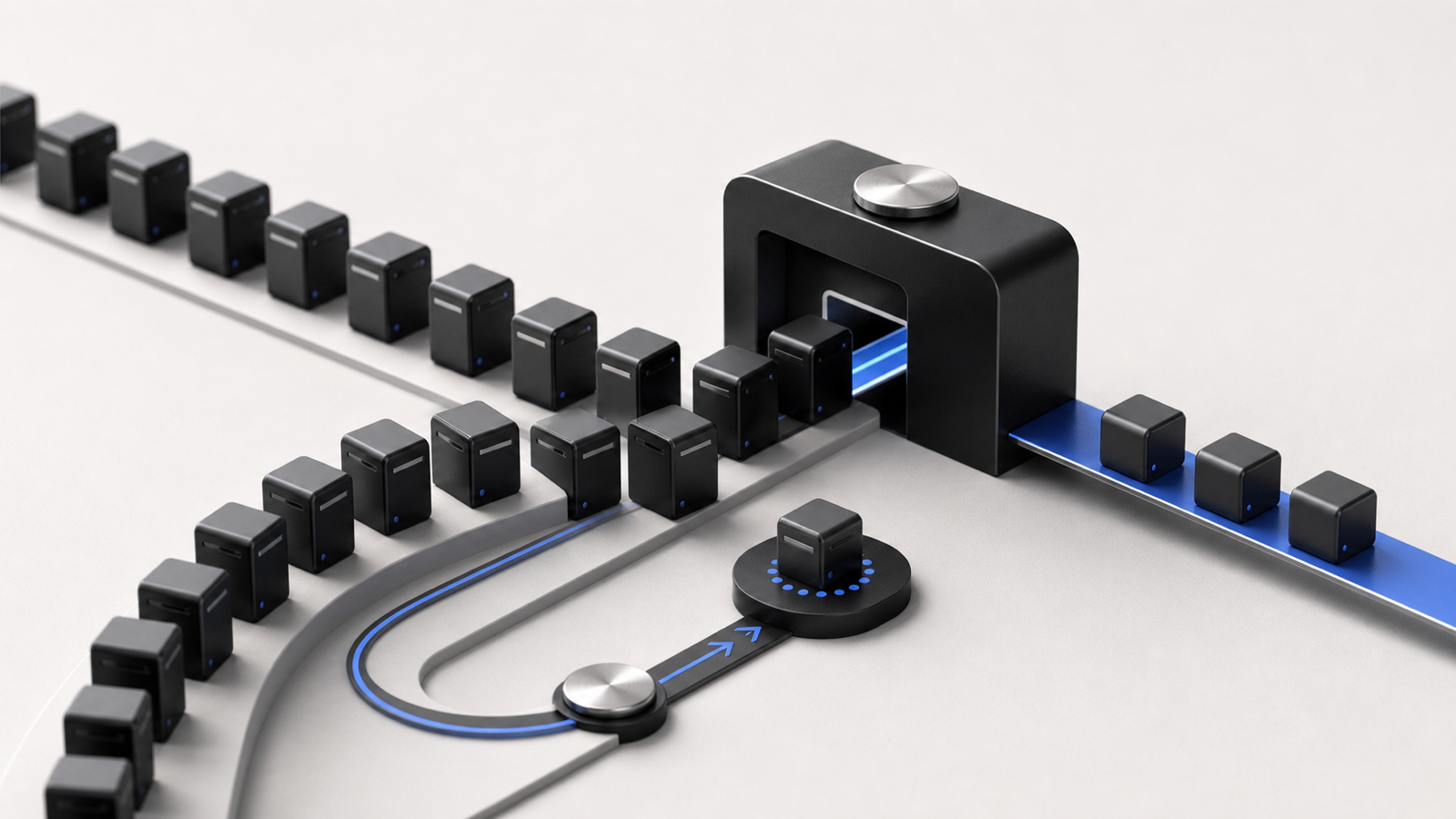 Requests form an orderly queue through a controlled throughput gate while a retry path loops back after a pause.