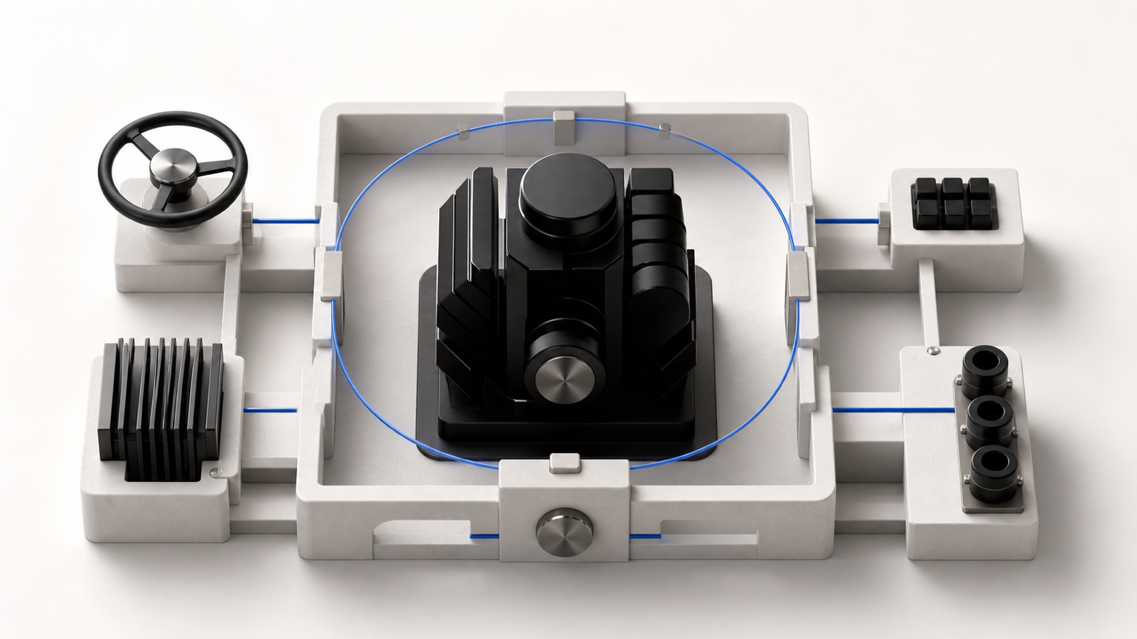 A powerful model core sits inside a controlled framework with steering, memory, tool ports, and a blue safety boundary.